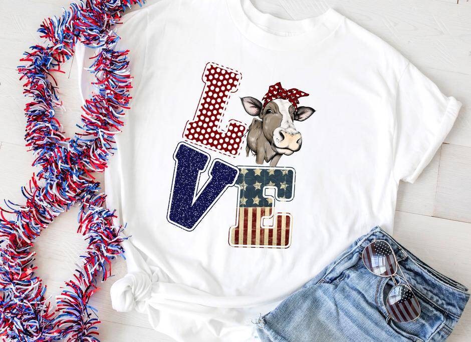 Patriotic Cow LOVE T-Shirt: Red White Blue Farm Tee