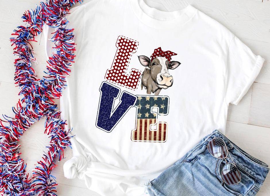 Patriotic Cow LOVE T-Shirt: Red White Blue Farm Tee