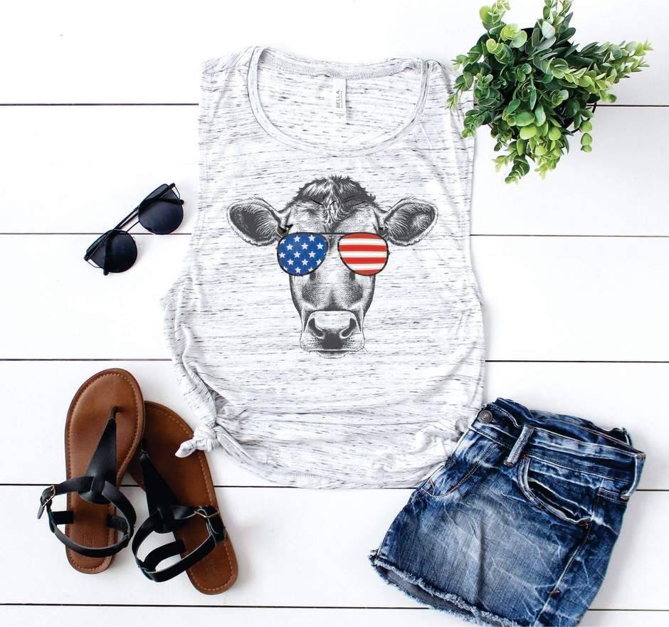 Patriotic Cow Tank Top: USA Flag Sunglasses, Flowy Bella Canvas