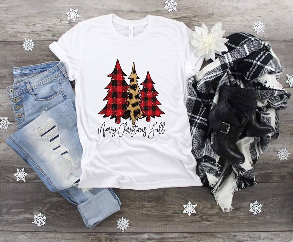 Plaid Leopard Christmas Trees Tee: Merry Christmas Y'all