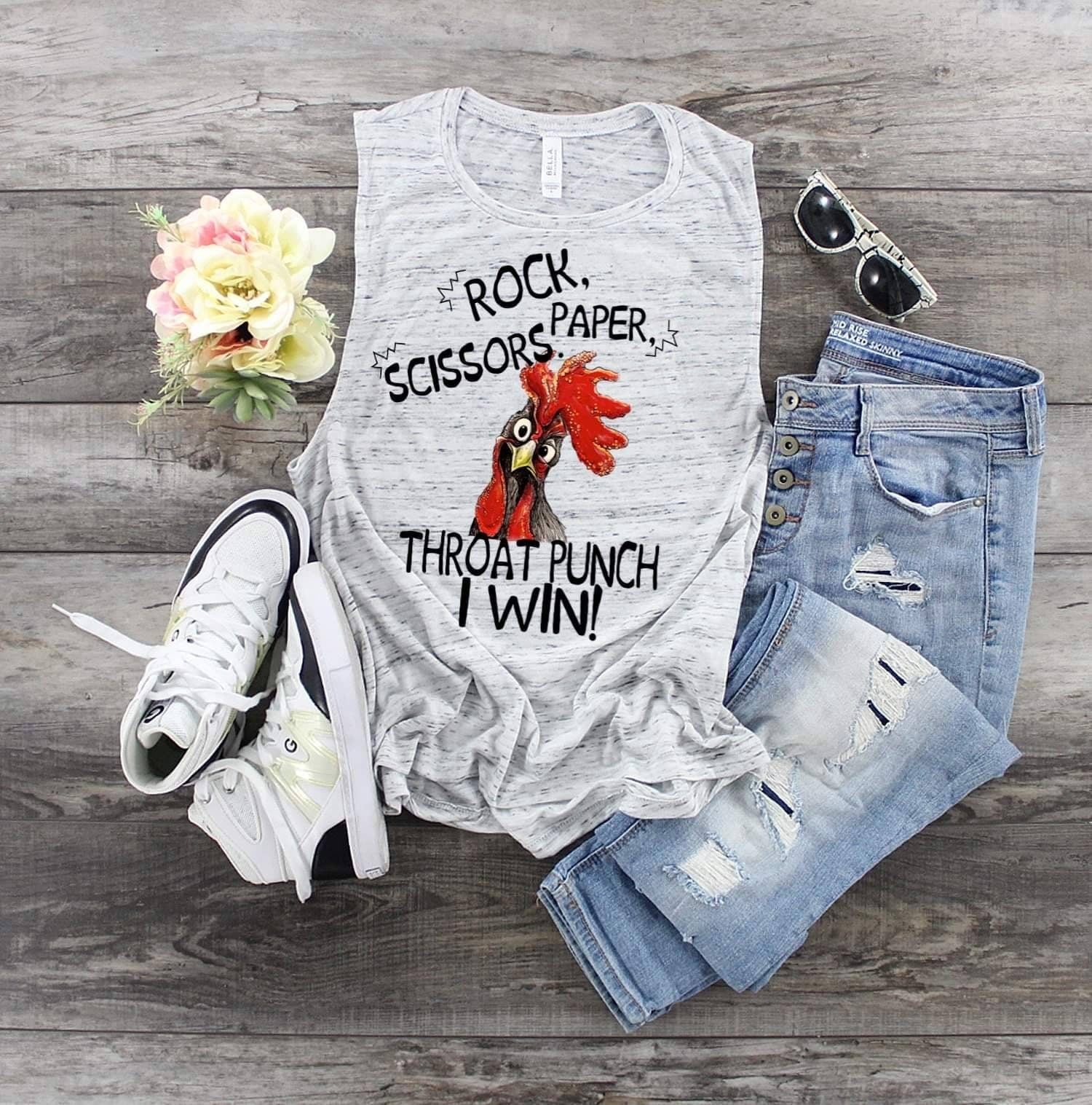 Rooster Chicken Rock Paper Scissors Throat Punch... design Bella Canvas flowy tank.