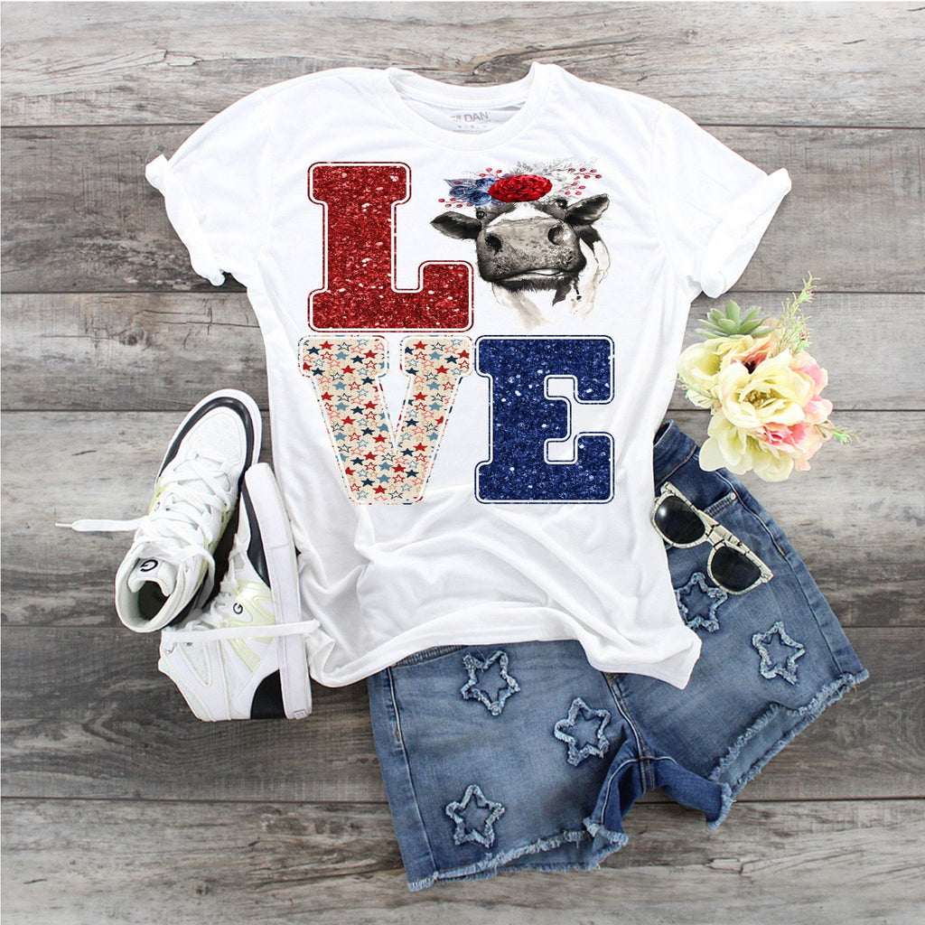 Patriotic Cow LOVE T-Shirt: Red White Blue 4th of July Tee