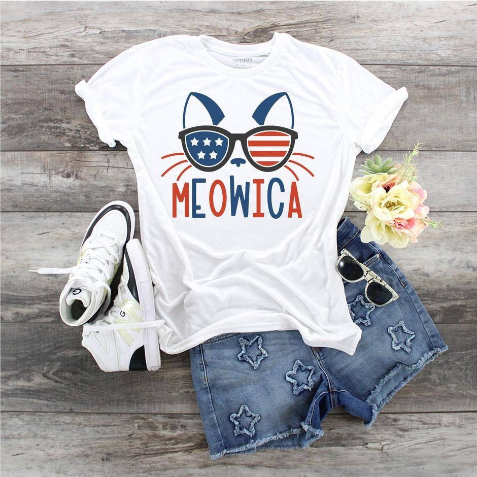 Meowica Cat T-Shirt: American Flag Sunglasses, 4th of July Tee