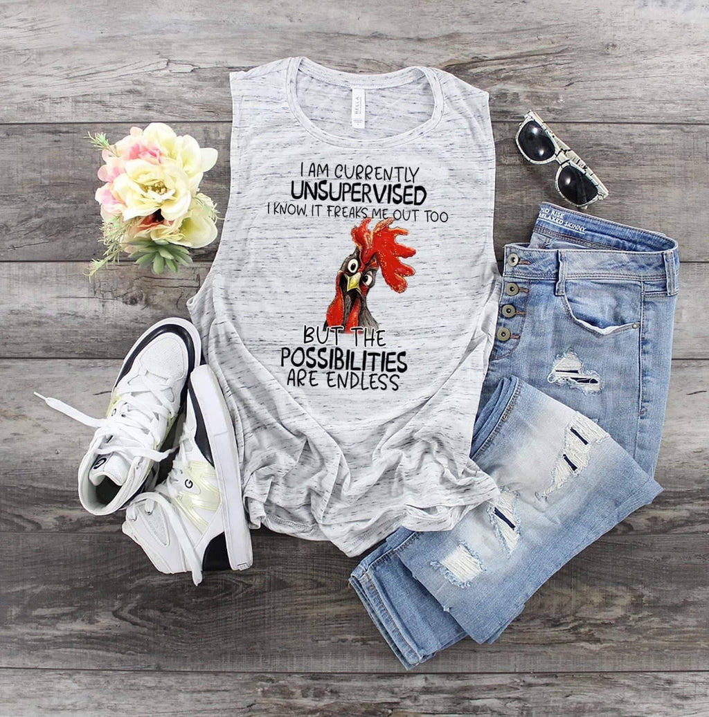 Rooster Chicken I Am Currently Unsupervised... design Bella Canvas flowy tank.