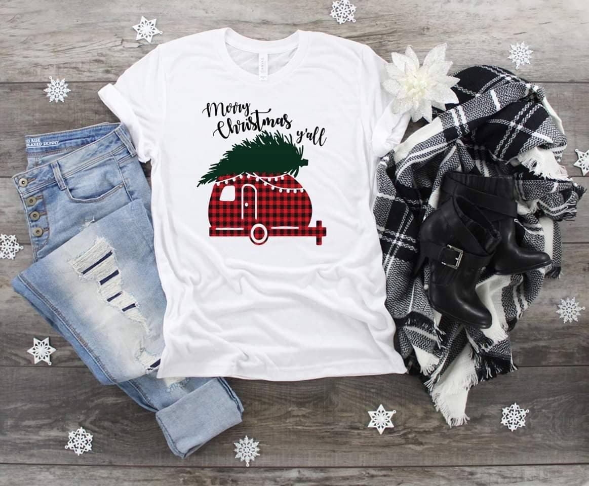 Plaid Camper Christmas Tree T-Shirt: Southern Festive Tee
