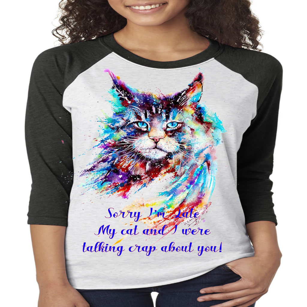 Funny Cat Raglan: Watercolor Cat Mom Baseball Tee