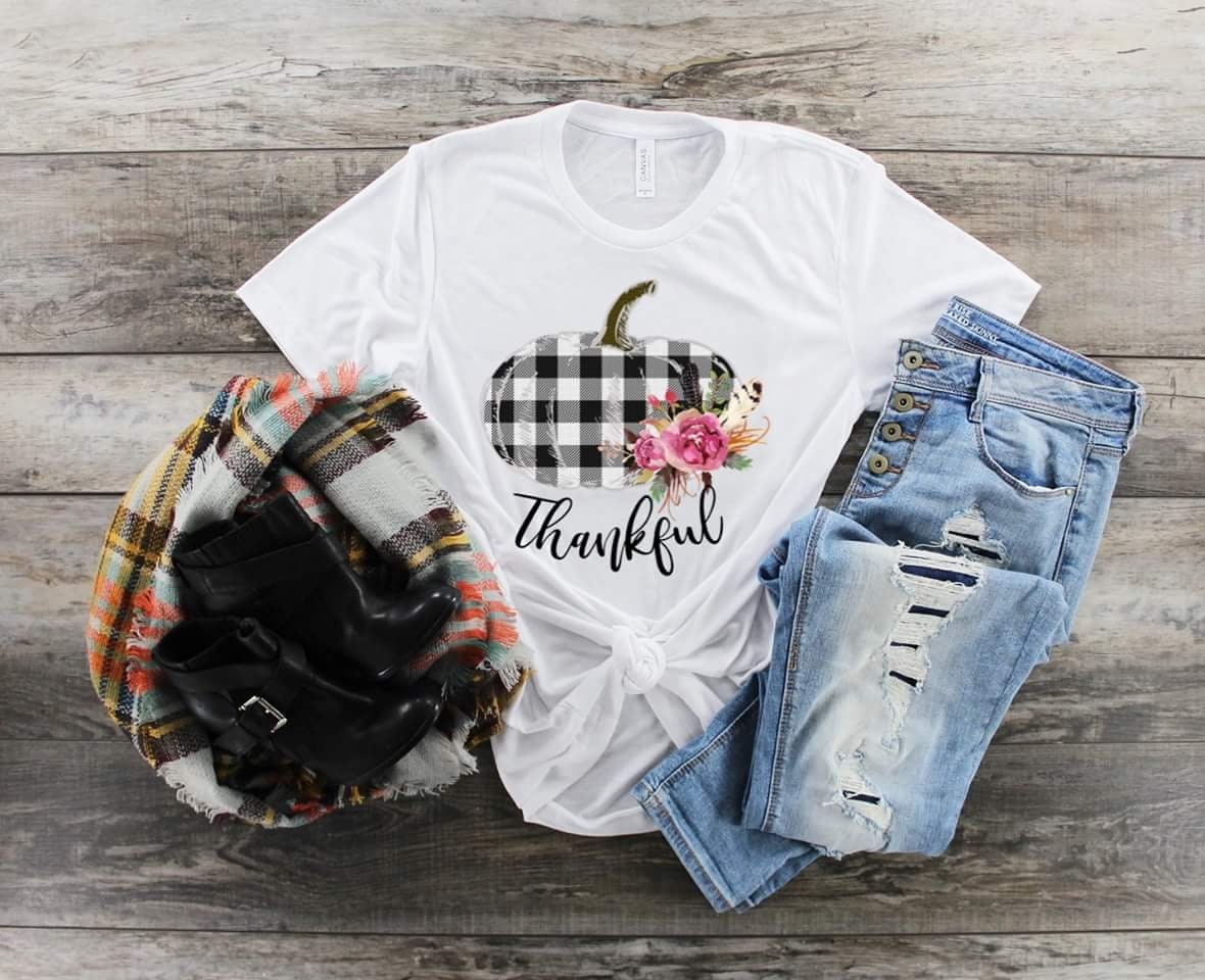 Thankful Black White Plaid Pumpkin, Floral Fall Tee