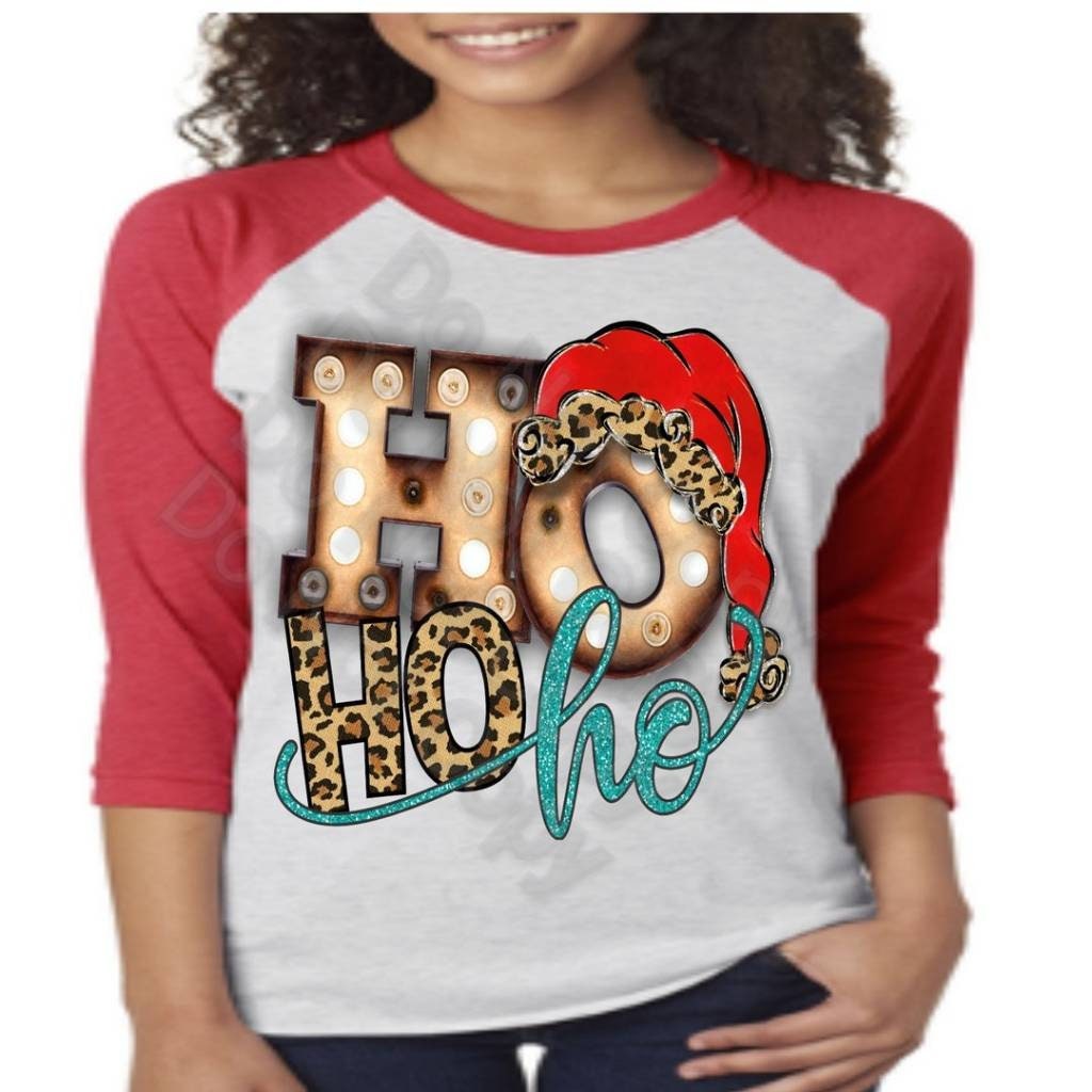 Christmas Leopard Print Raglan, Ho Ho Ho Design