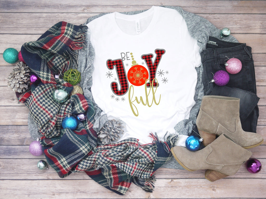 Be Joyful Christmas T-Shirt: Red Plaid Ornament, Holiday Tee