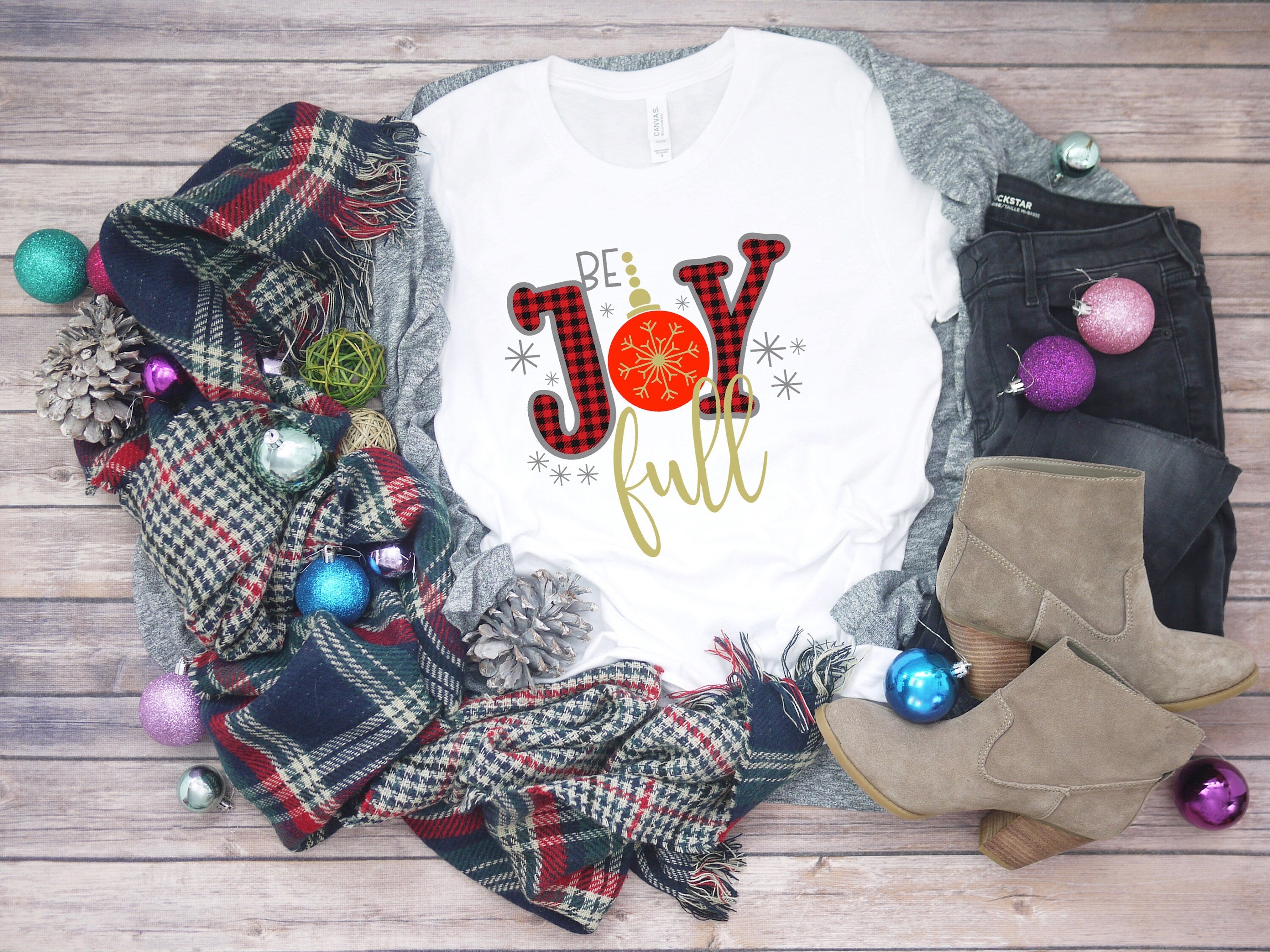 Be Joyful Christmas T-Shirt: Red Plaid Ornament, Holiday Tee