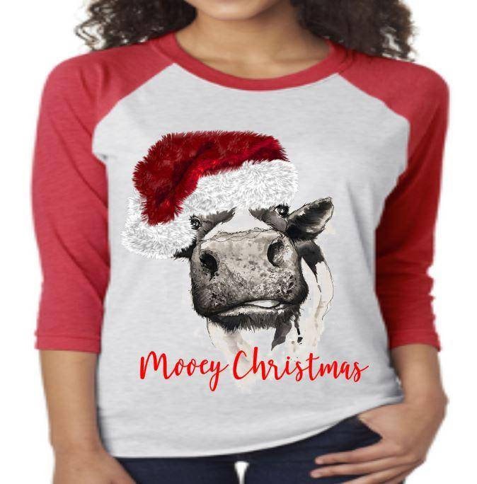 Christmas Cow Raglan Shirt: Santa Hat, Farm Animal Tee