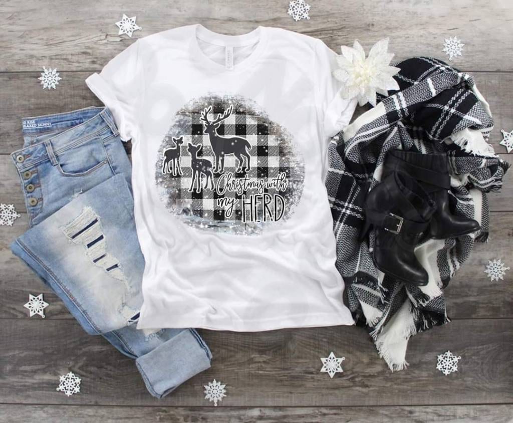 Deer Buffalo Plaid Christmas T-Shirt: "Christmas with My Herd" Bella Canvas Tee