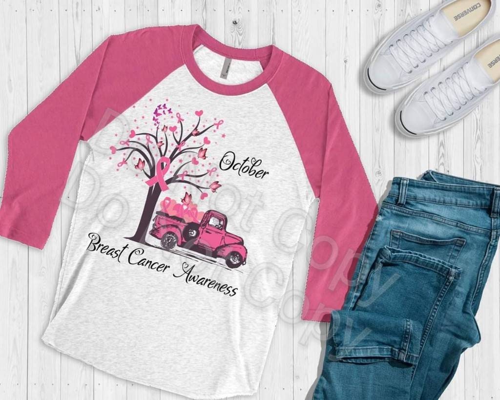 October Breast Cancer Awareness Pink Truck .. design raglan.