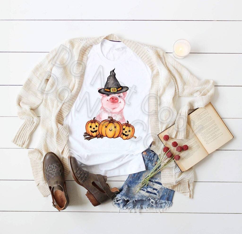 Halloween Pig T-Shirt: Adorable Witch Piggy with Pumpkins