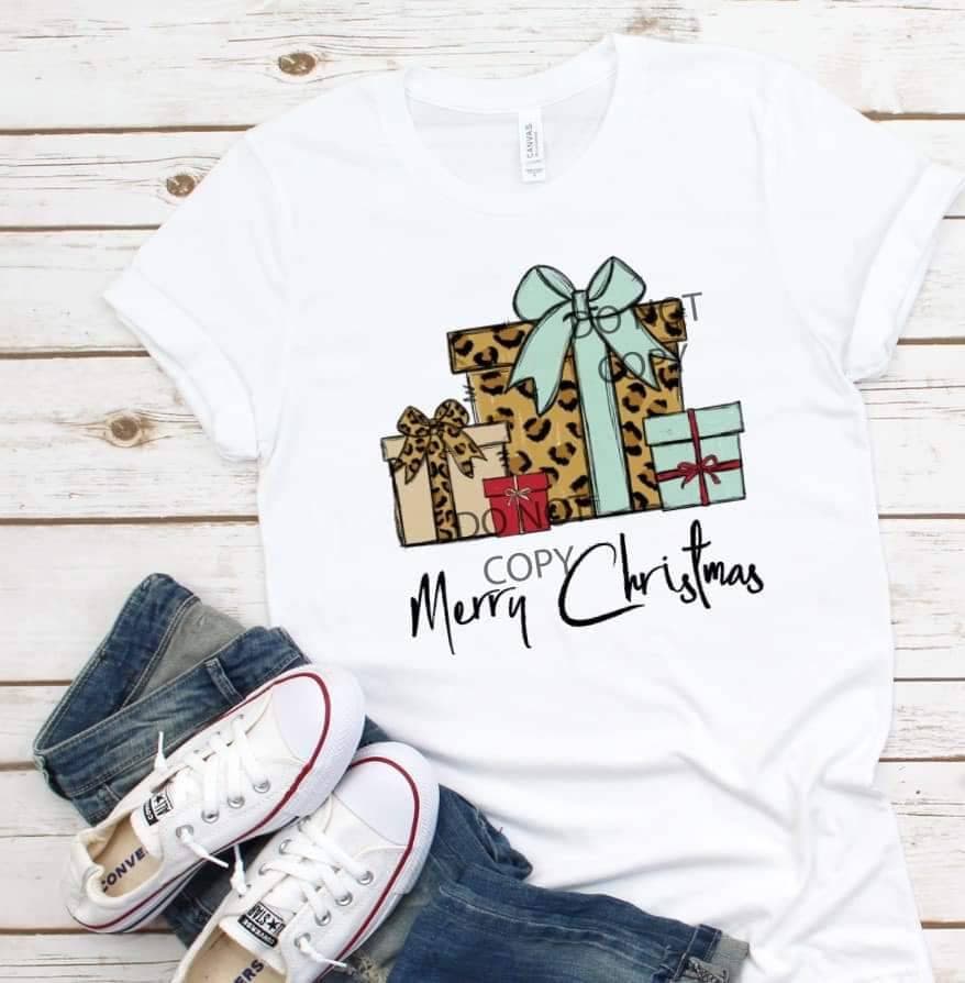 Merry Christmas in Leopard Wrapped Gifts design t-shirt