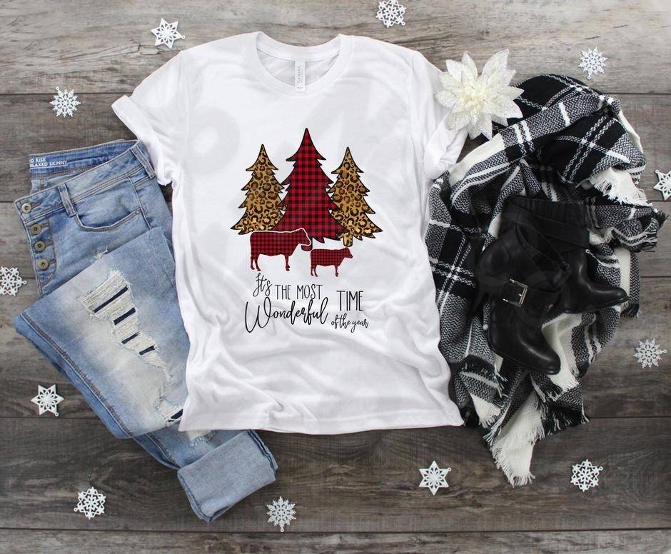 Christmas Cow Shirt: Plaid & Leopard Trees, Unisex Fit