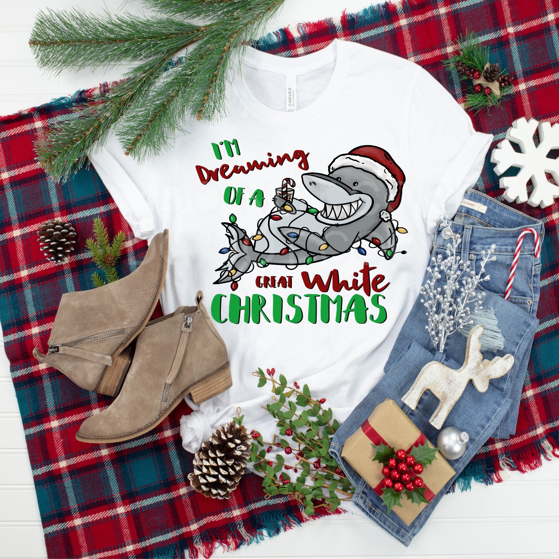 White Shark Christmas Tee, Santa Hat Festive Shark