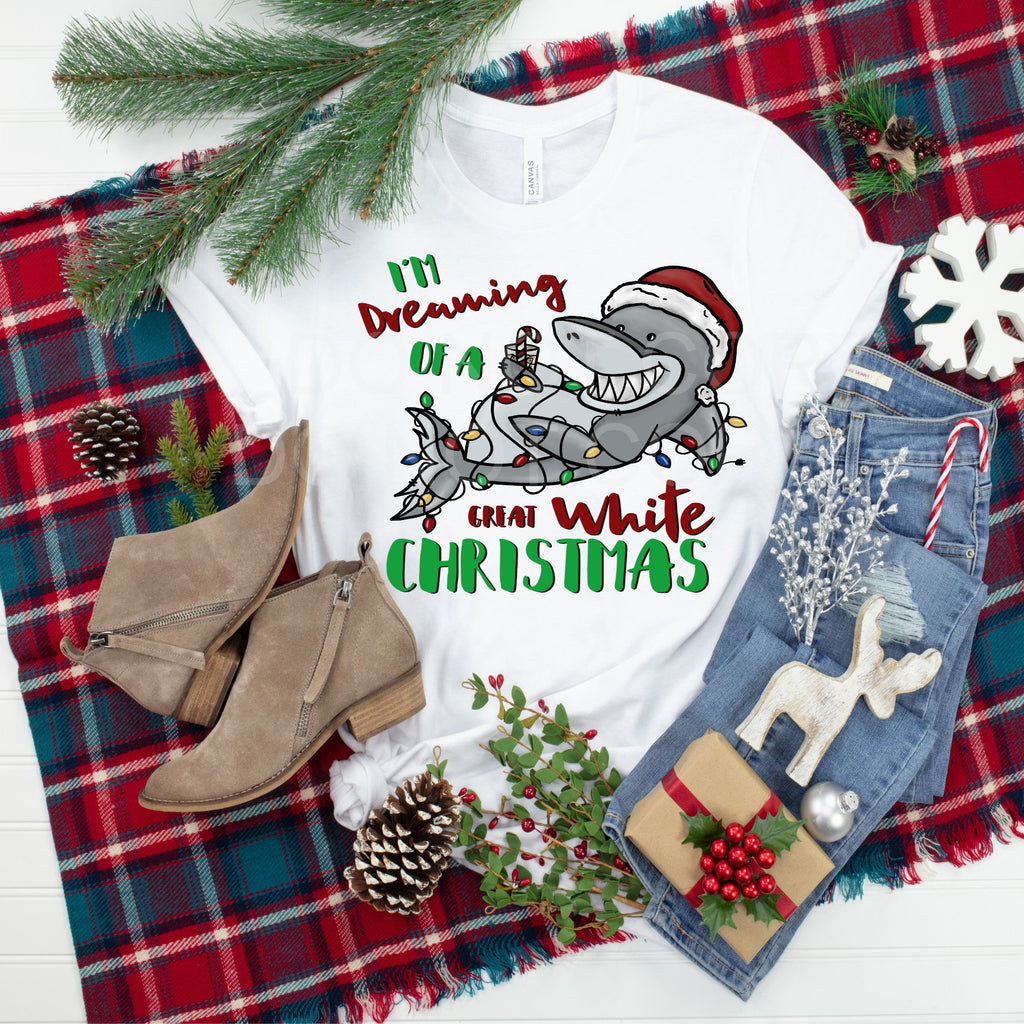White Shark Christmas Tee, Santa Hat Festive Shark