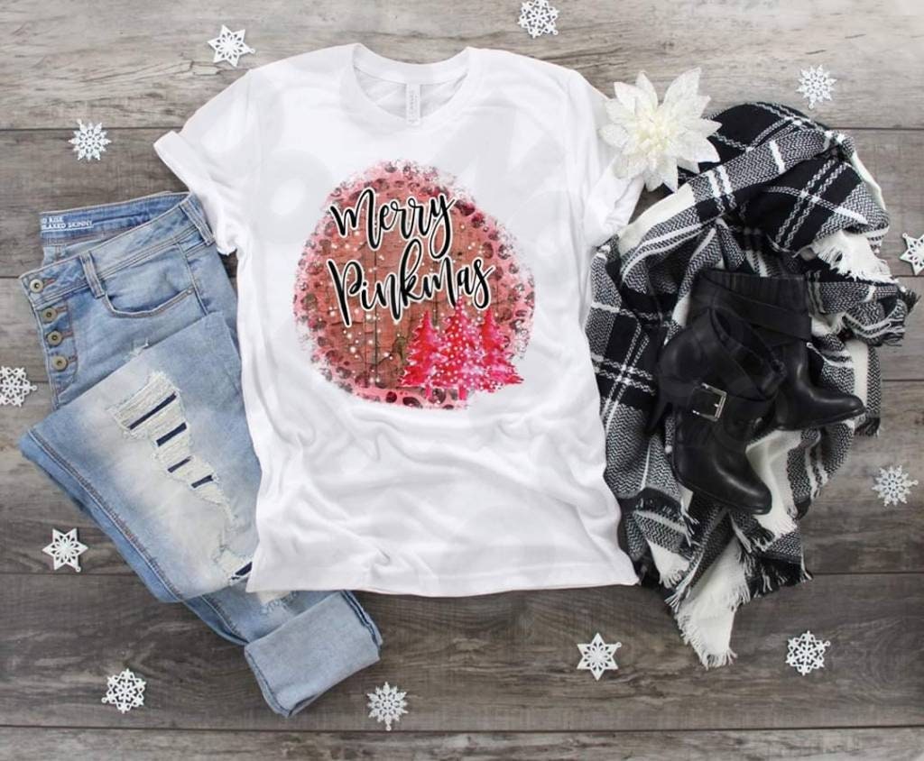 Merry Pinkmas T-Shirt: Leopard Print Pink Christmas Trees