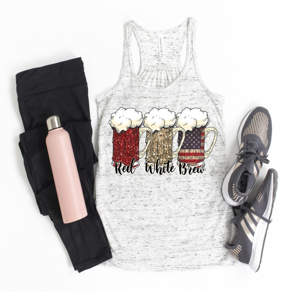 Patriotic 4th of July Red White & Brew design Bella Canvas flowy tank.
