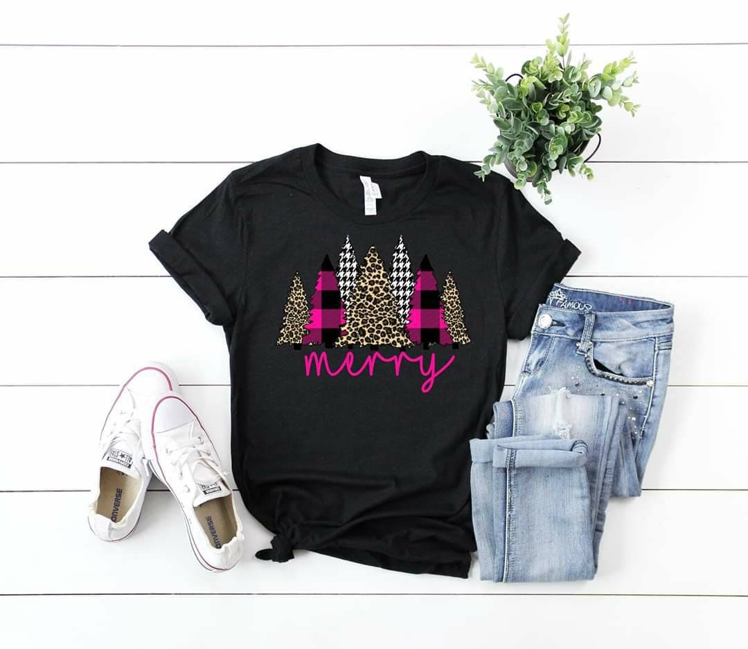 Merry Christmas Trees PINK plaid and Leopard,