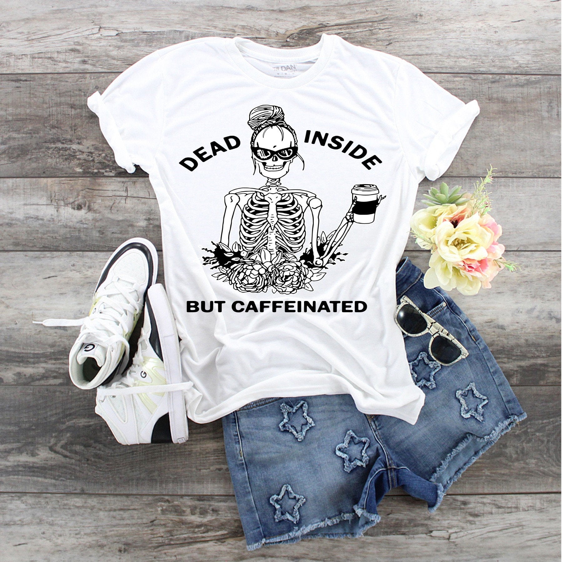 Dead Inside But Caffeinated Skeleton Coffee T-Shirt