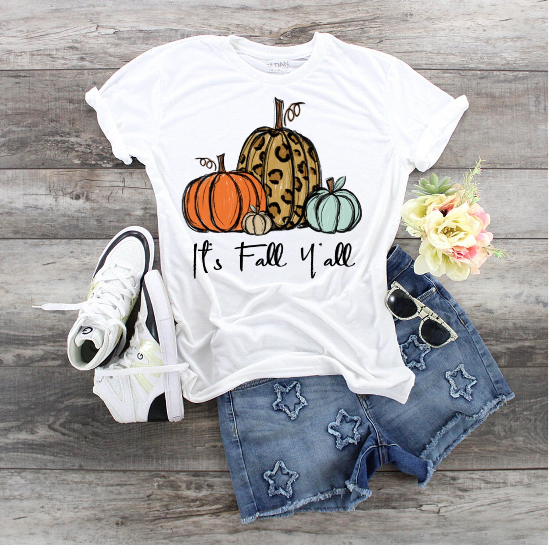 Leopard Pumpkin Fall T-Shirt: "It's Fall Y'all" Design