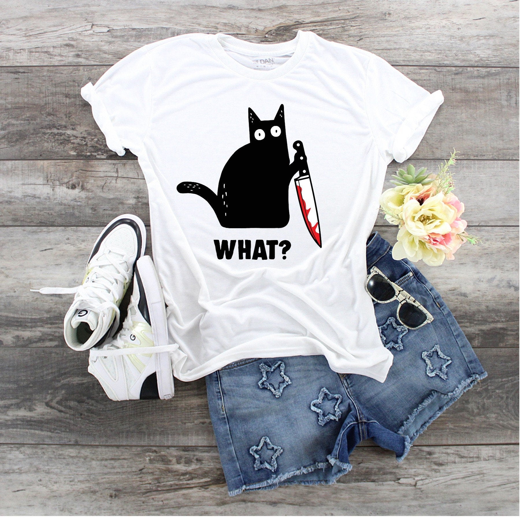 Black Cat with Knife T-Shirt: Edgy Kitty Graphic Tee