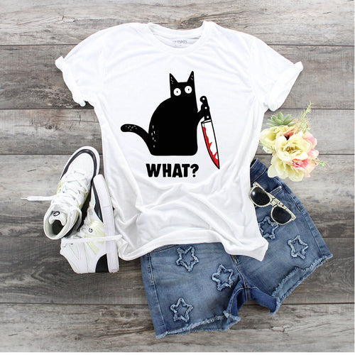 Black Cat with Knife T-Shirt: Edgy Kitty Graphic Tee