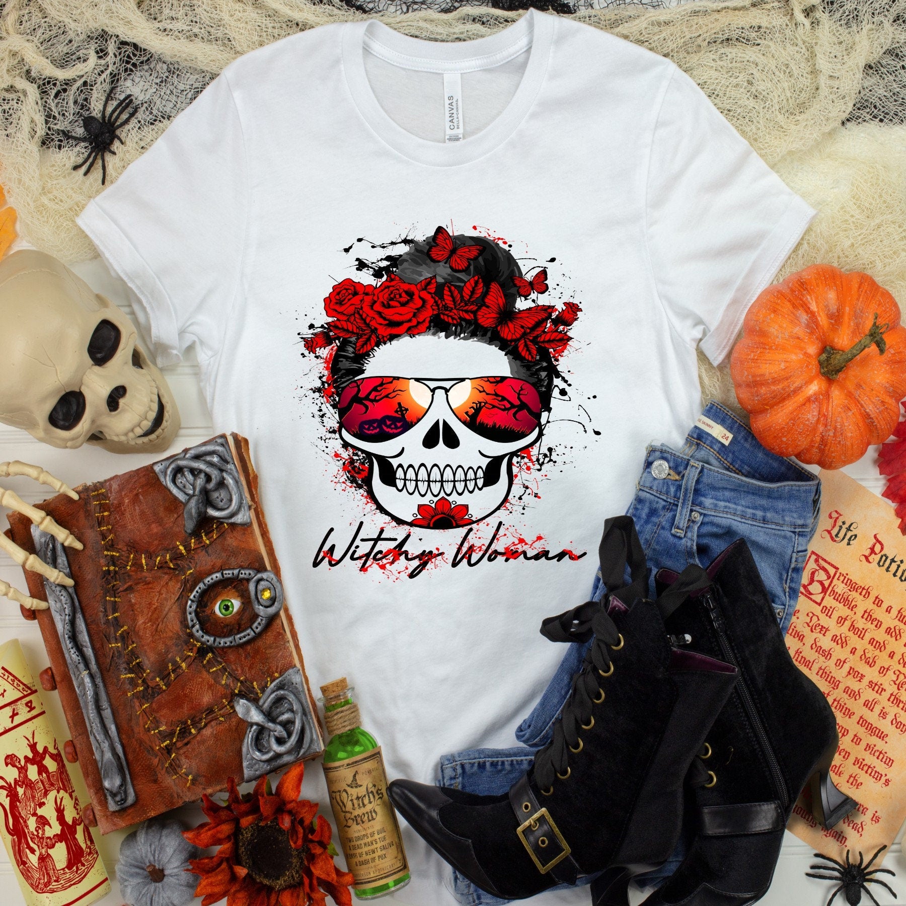 Witchy Woman Skull Tee: Gothic Roses & Butterflies