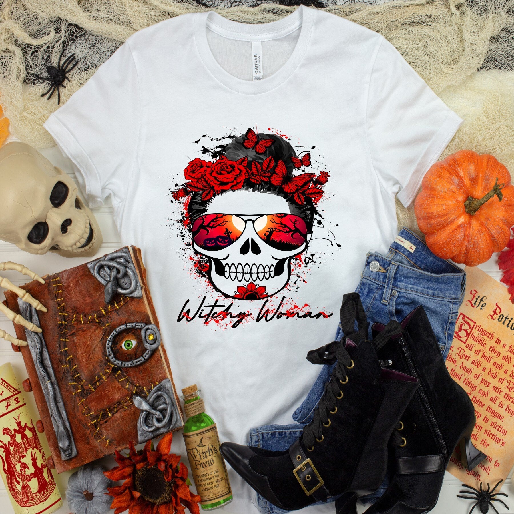 Witchy Woman Skull Tee: Gothic Roses & Butterflies