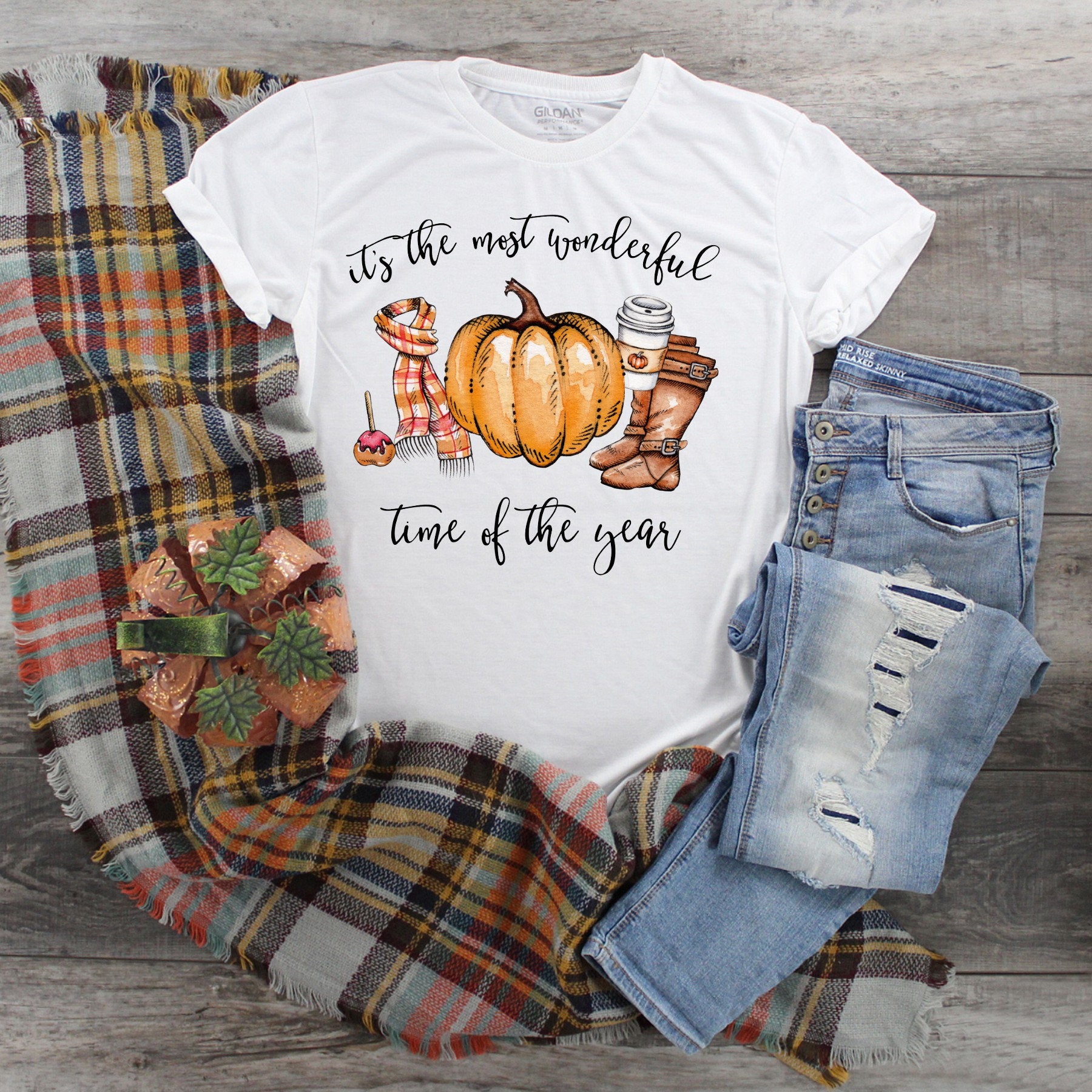 Fall Pumpkin T-Shirt, Scarf, Boots, Autumn Tee