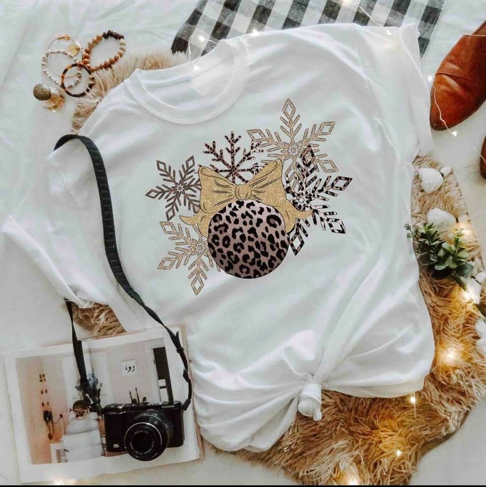 Leopard Christmas Ornament T-Shirt: Silver & Gold Snowflakes, Bella Canvas 3001
