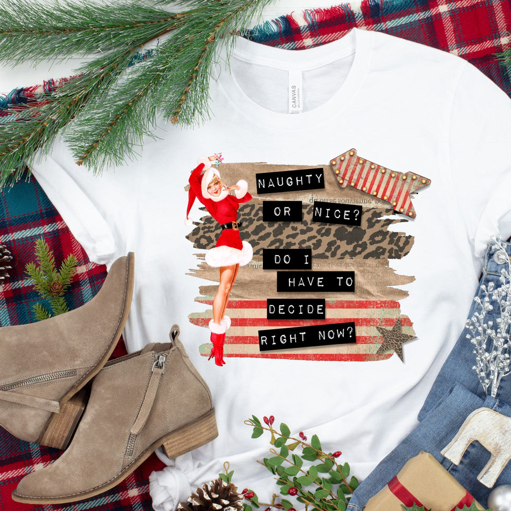 Christmas Pinup Girl T-Shirt, Naughty or Nice, Funny Tee