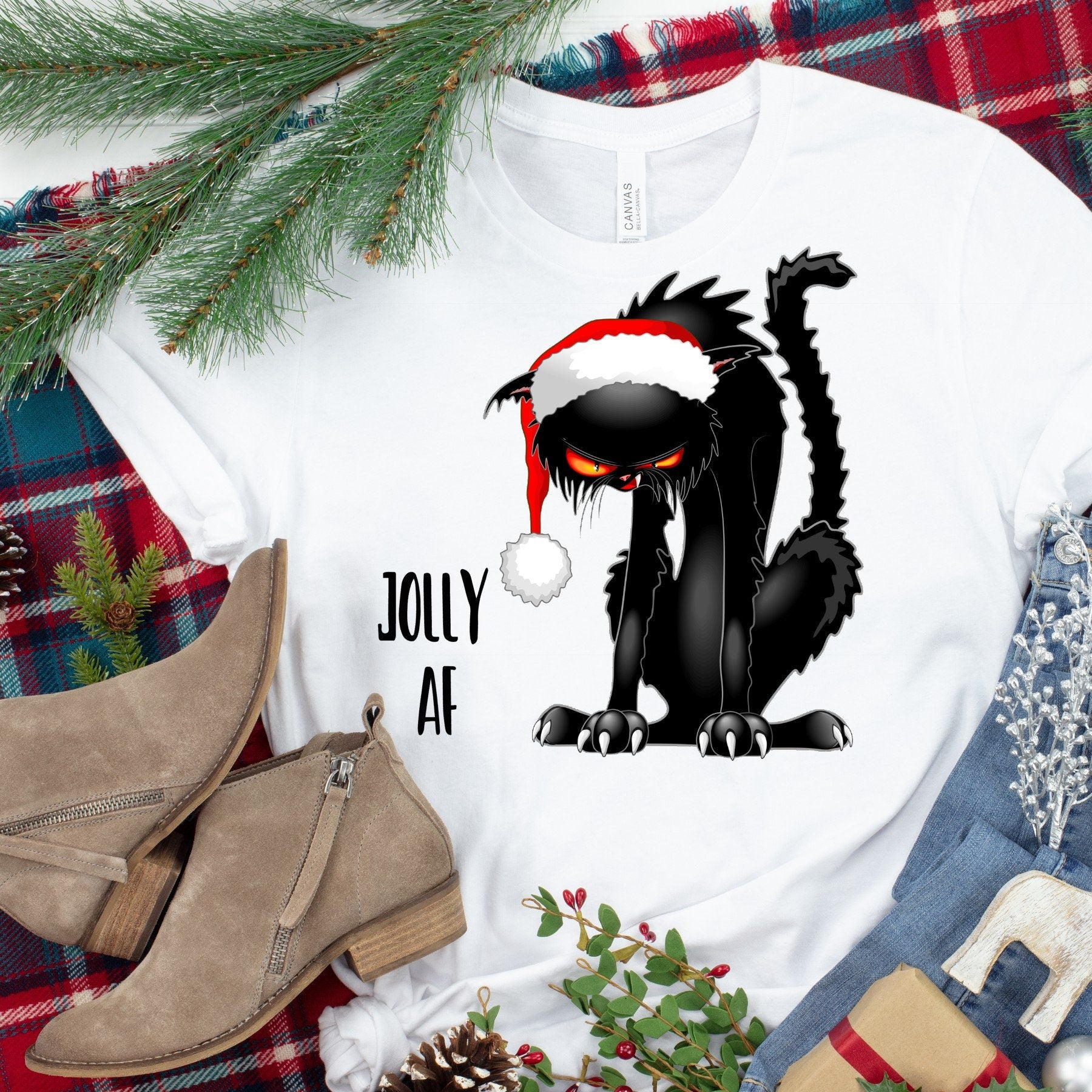 Funny Christmas Cat T-shirt: Jolly AF Grumpy Kitty