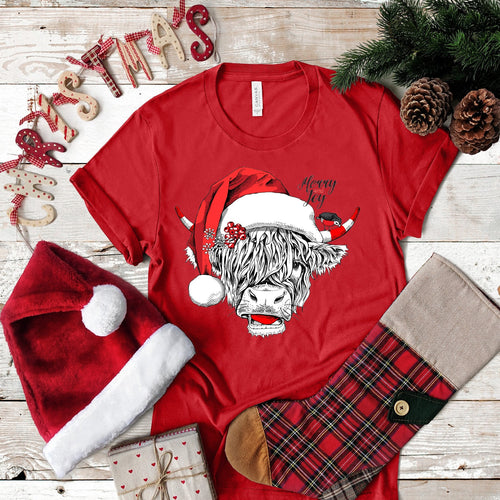 Christmas Highland Cow T-Shirt: Santa Hat Holiday Tee