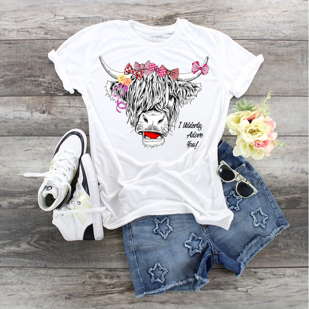 Highland Cow Valentine's Day T-Shirt: I Udderly Adore You