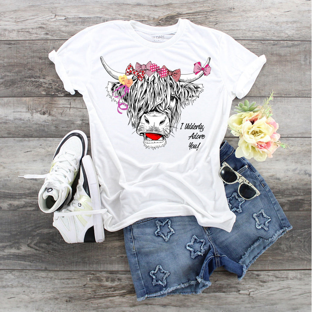 Highland Cow Valentine's Day T-Shirt: I Udderly Adore You