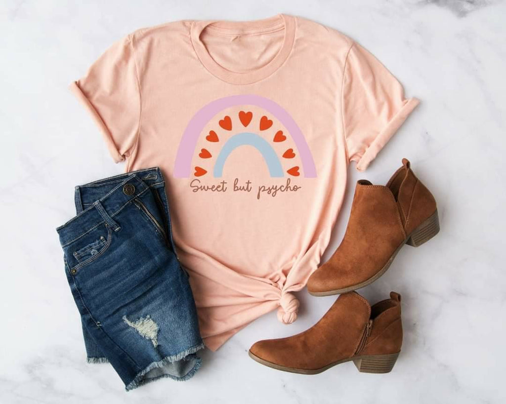 Sweet But Psycho Valentine Shirt: Hearts and Rainbows