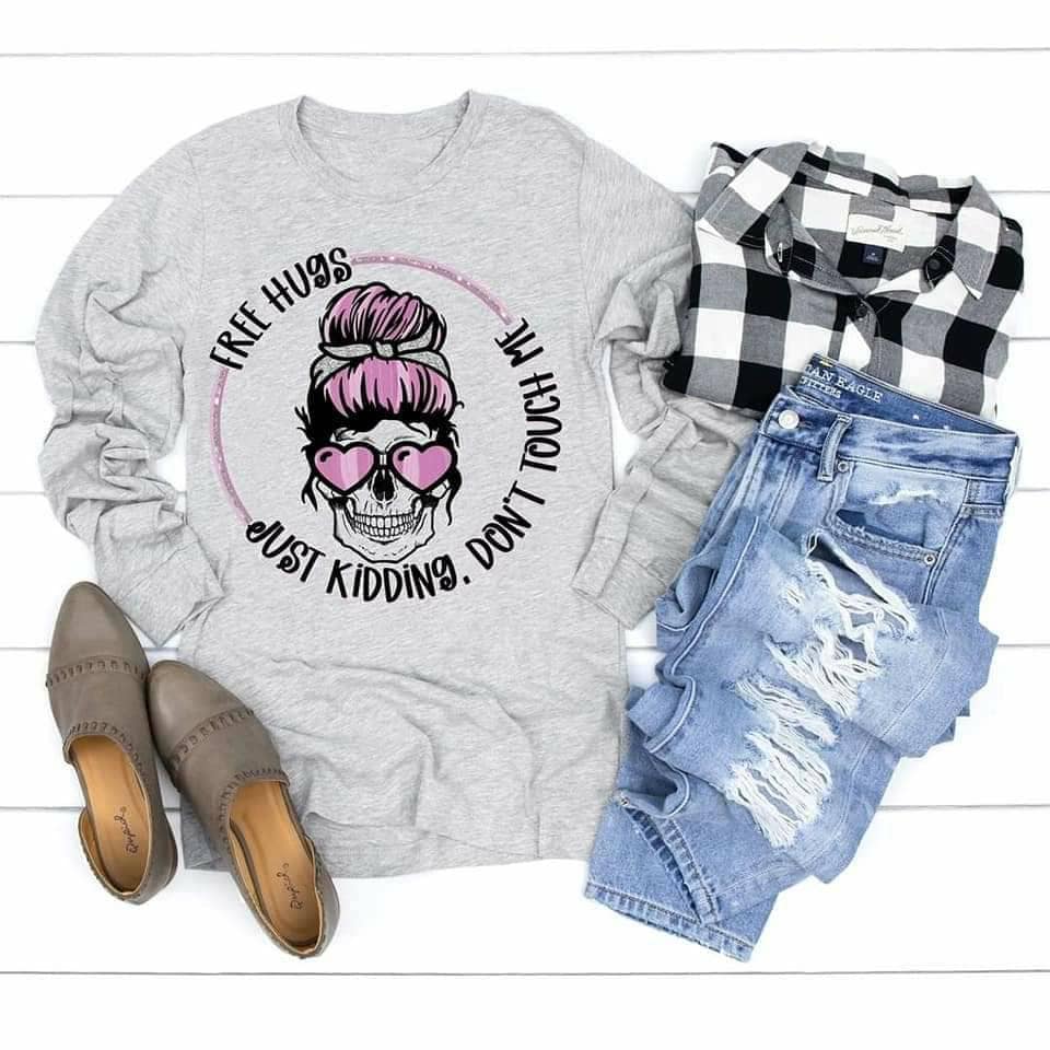 Free Hugs, Just Kidding Don't Touch Me, Woman Skull, in Pink, Funny Skull Shirt,