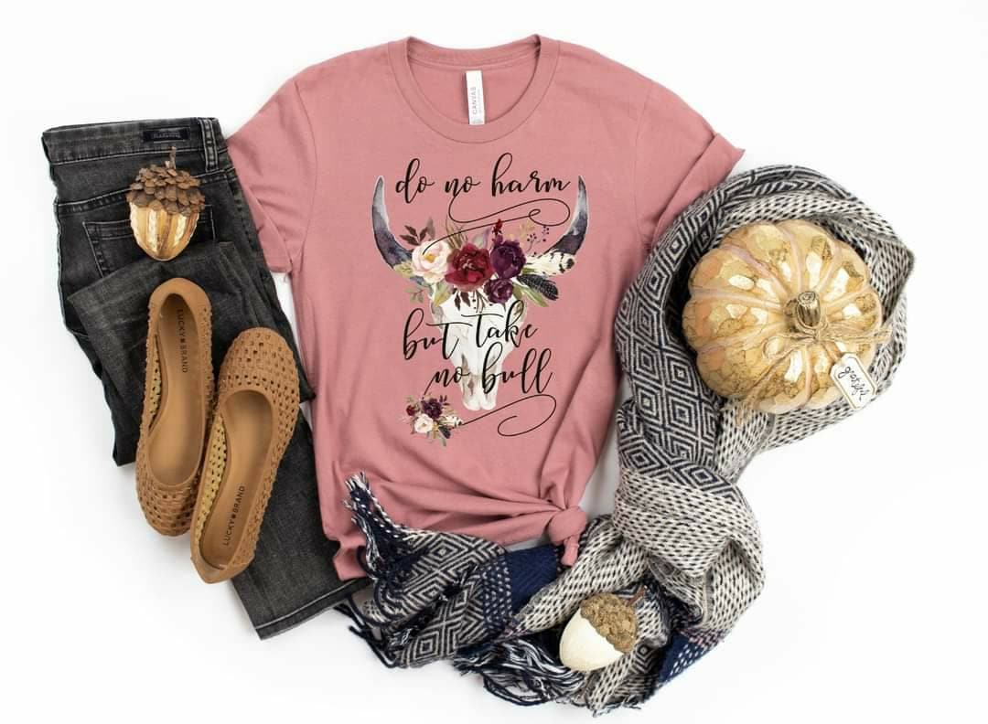 Boho Bull Skull T-Shirt: Do No Harm, Bohemian Western Tee