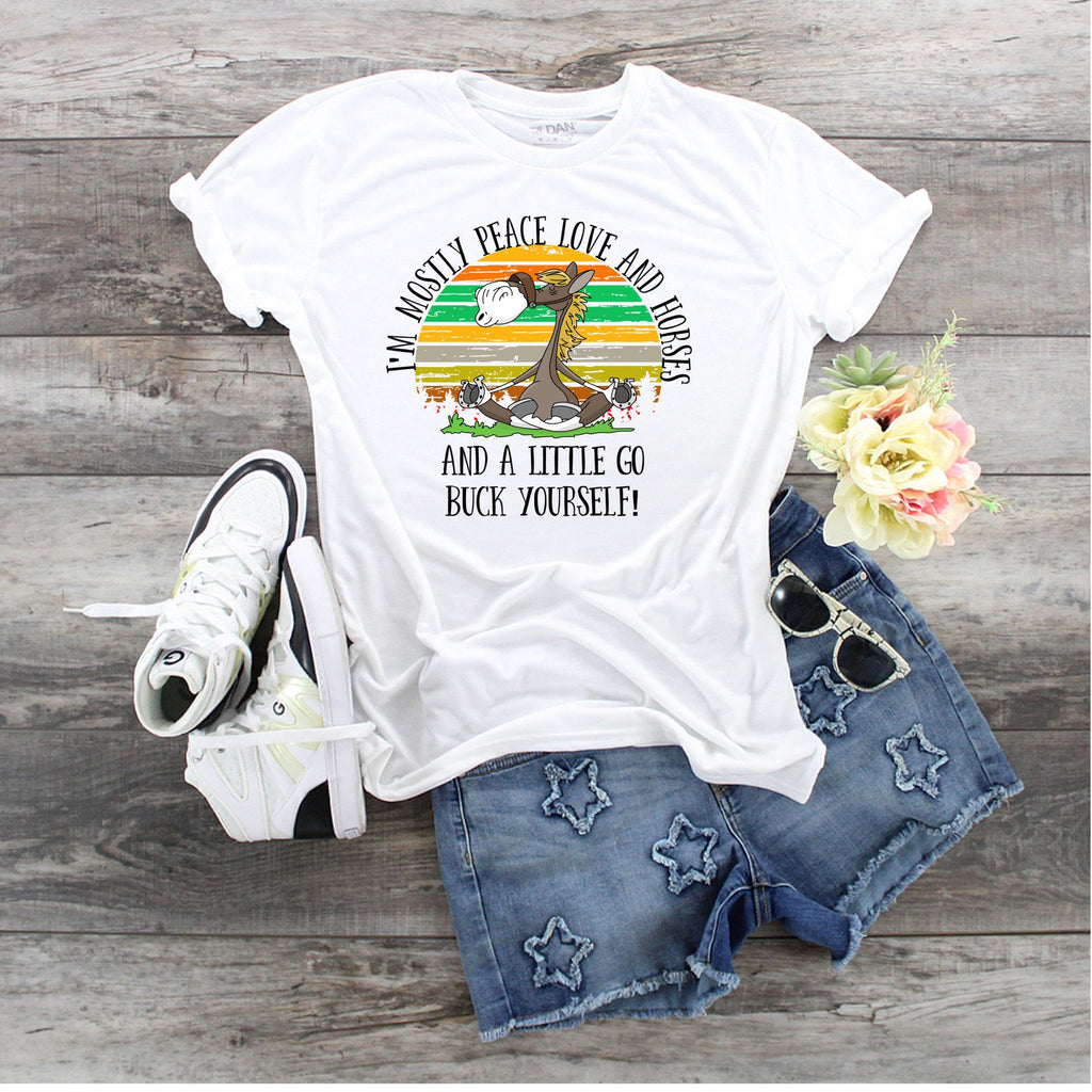 Funny Horse T-Shirt: Peace Love Horses, Forest Background