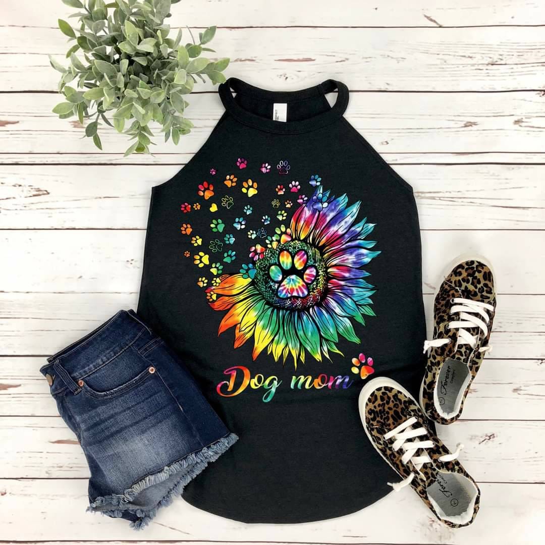 Dog Mom Tank: Tie-Dye Flower Paw Print, District Rocker