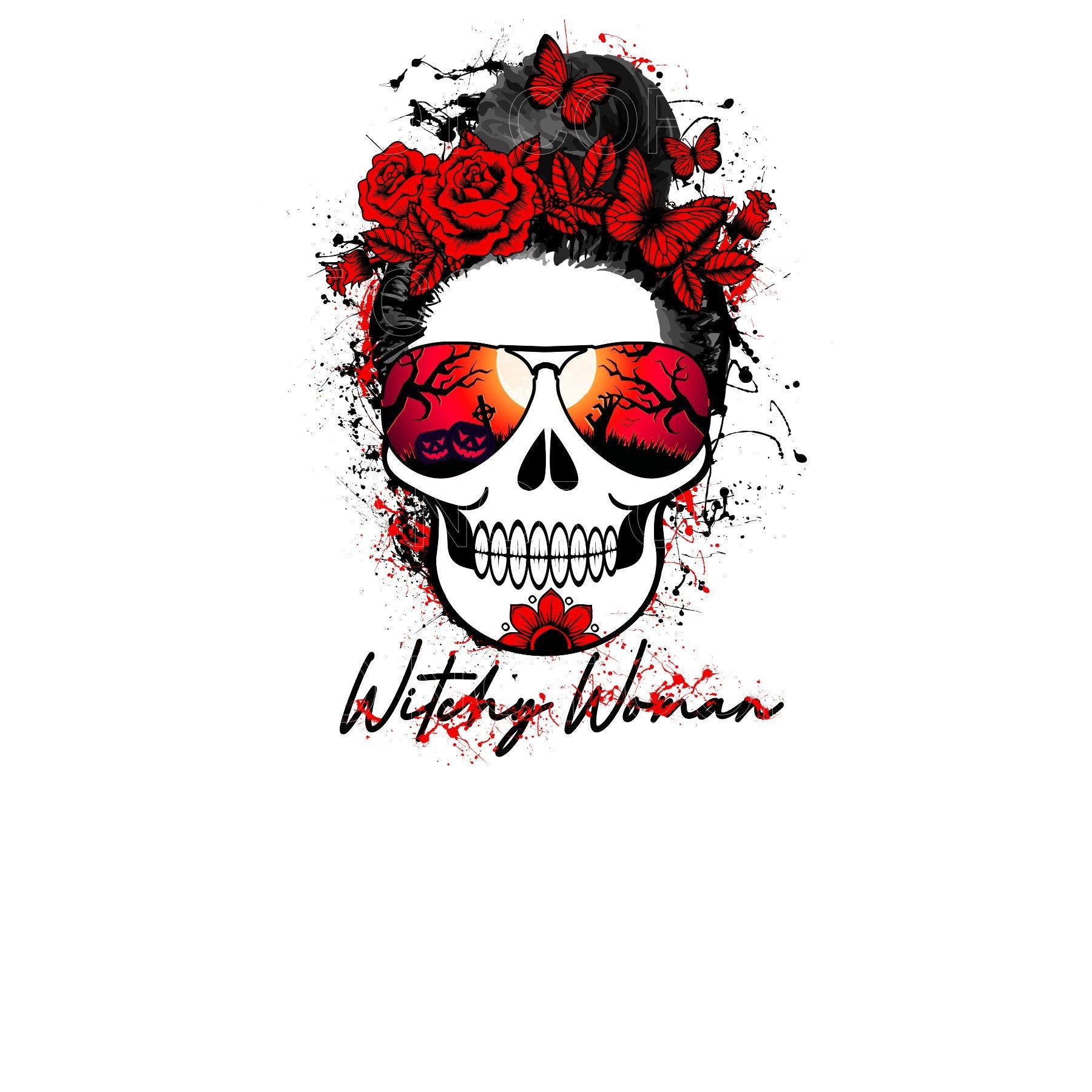 Witchy Woman Skull Decal: Roses & Butterflies Clear Vinyl
