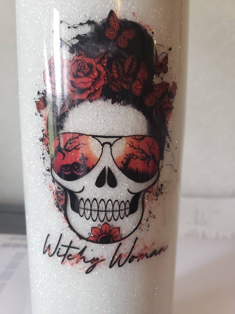 Witchy Woman Skull Decal: Roses & Butterflies Clear Vinyl