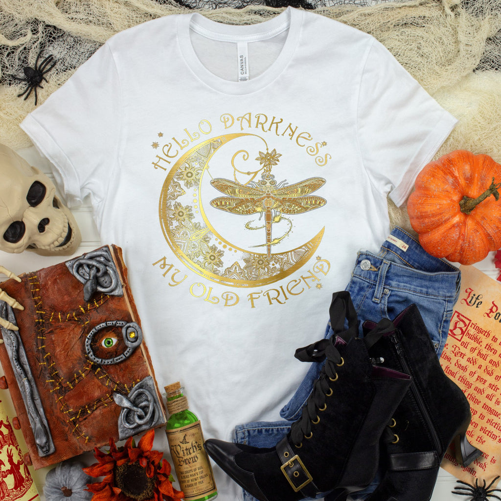 Gold Moon Dragonfly Shirt: Hello Darkness My Old Friend