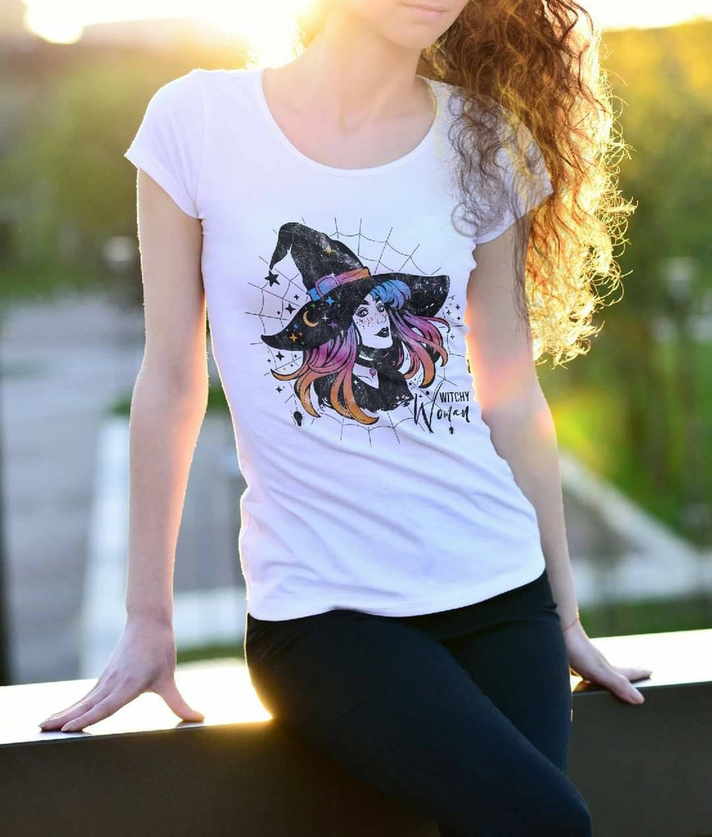 Witchy Woman Tee: Colorful Witch Graphic, Spider Web Design