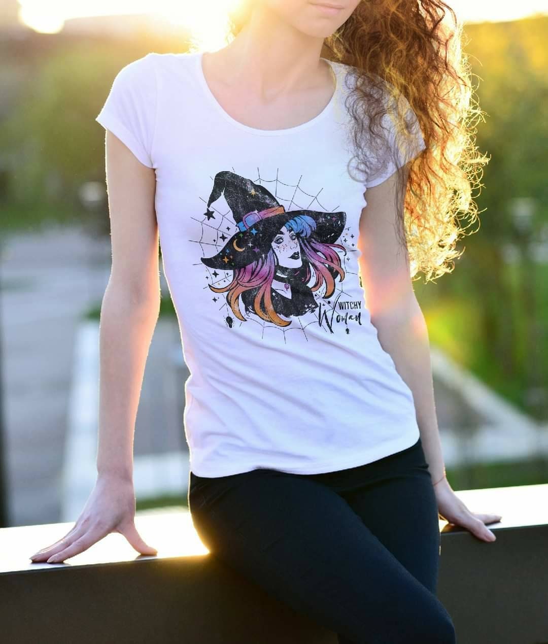 Witchy Woman Tee: Colorful Witch Graphic, Spider Web Design