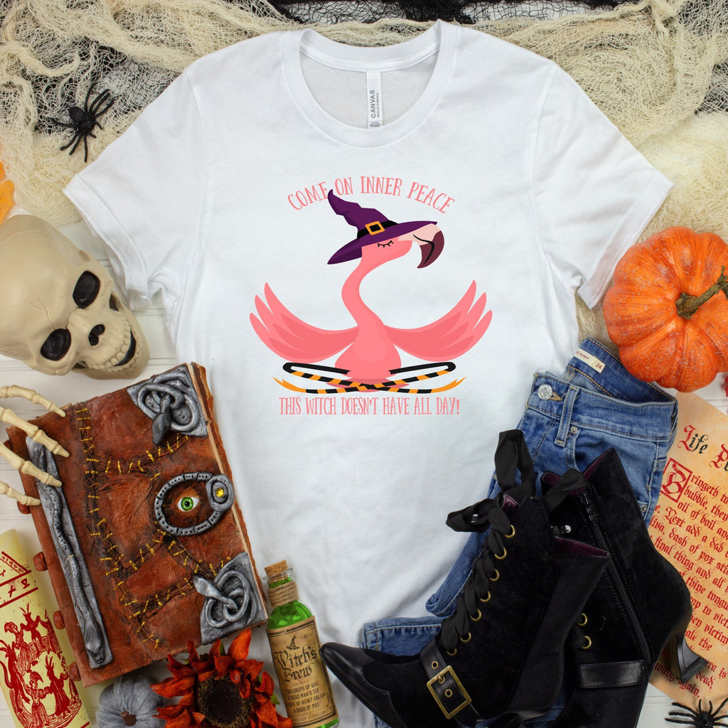 Yoga Flamingo Witch T-Shirt: Inner Peace Humor, Bella Canvas Tee