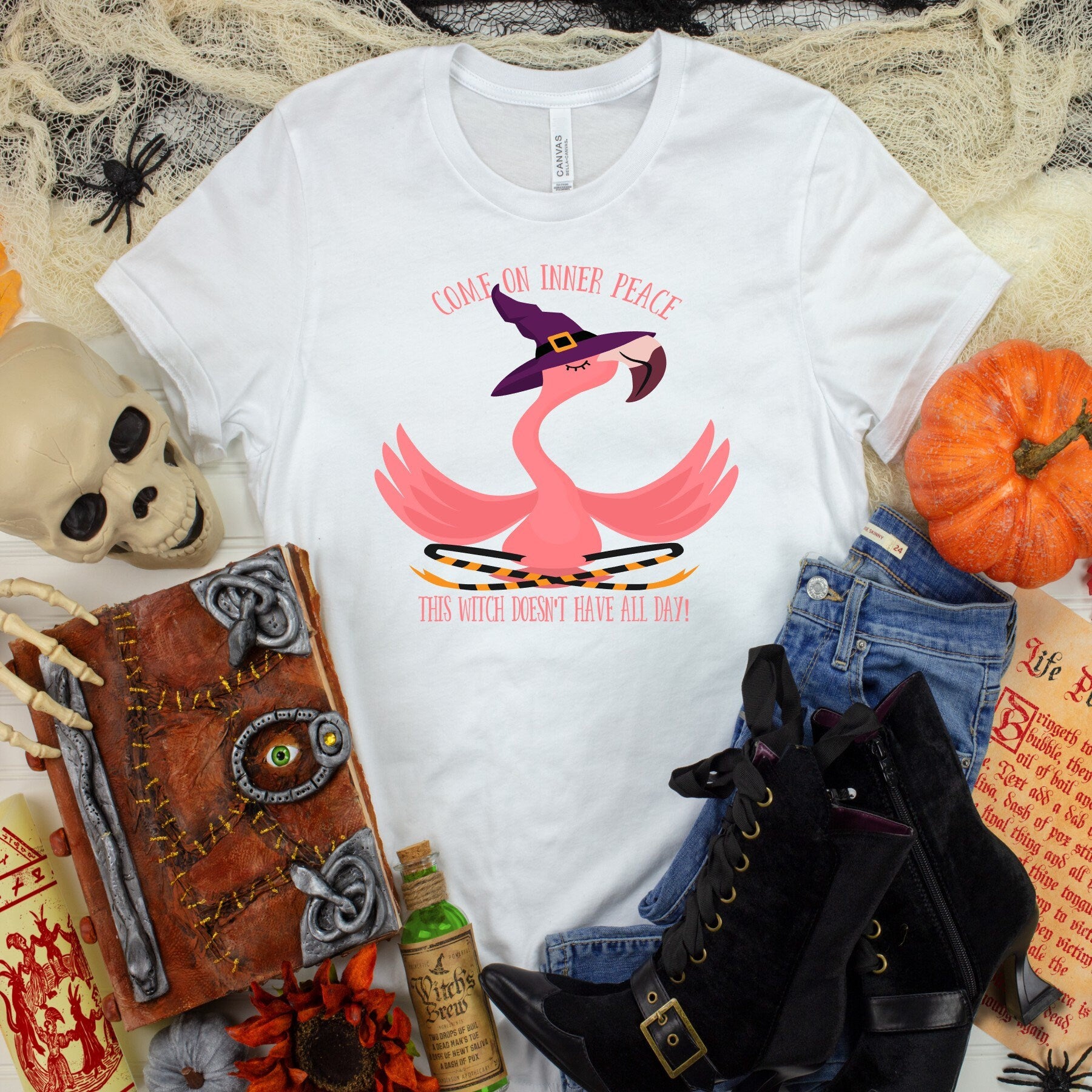 Yoga Flamingo Witch T-Shirt: Inner Peace Humor, Bella Canvas Tee